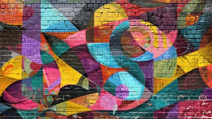 vibrant street art abstract graffiti mural with bold colors and dynamic shapes on urban brick wall digital painting