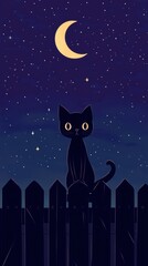 A black cat sits on a fence with its back arched, gazing at the sparkling stars and crescent moon in the night sky