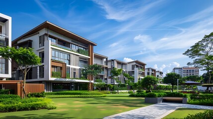 Modern condominium complex designed specifically for elderly residents, showcasing age-friendly architecture. Elderly people's day.