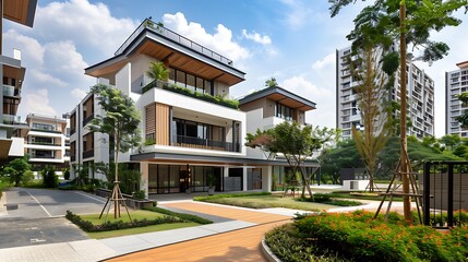 Modern condominium complex designed specifically for elderly residents, showcasing age-friendly architecture. Elderly people's day.