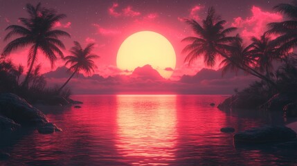 A beautiful sunset over the ocean with palm trees in the background.