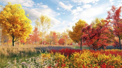 Naklejka premium vibrant autumn trees landscape with laburnum sumac and oak digital 3d render for architectural plans