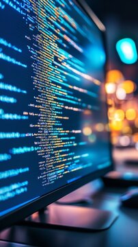 Close-up view of a computer screen filled with lines of code in a tech workspace. Represents coding and software development