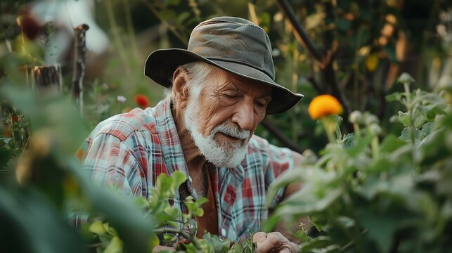 Elderly man gardening, promoting outdoor activities and healthy living. International Day of Older Persons.