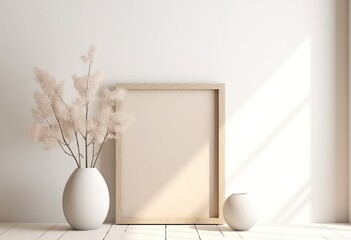 Empty and black wooden picture frame in Boho style interior room deco