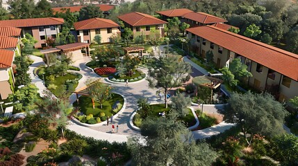 Fototapeta premium Modern condominium complex designed specifically for elderly residents, showcasing age-friendly architecture. Elderly people's day.