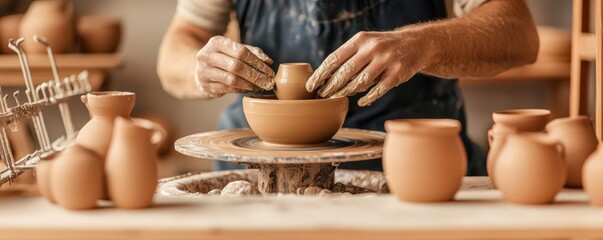 A pottery studio with a potter shaping clay on a spinning wheel, surrounded by completed pottery pieces and drying racks, symbolizing the therapeutic nature of this artistic hobby