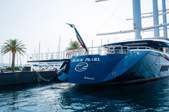 Dubrovnik, Croatia - August 18,  2024: Black Pearl luxury sailing yacht with three DynaRig masts. Black Pearl is also known as Oceanco Y712 and "Project Solar". 