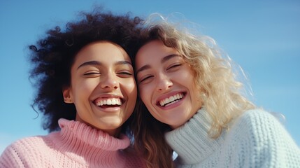 Fototapeta premium Two women with curly hair are smiling and posing together outside on a sunny day. They are wearing cozy sweaters, capturing a joyful moment in a bright and cheerful setting.