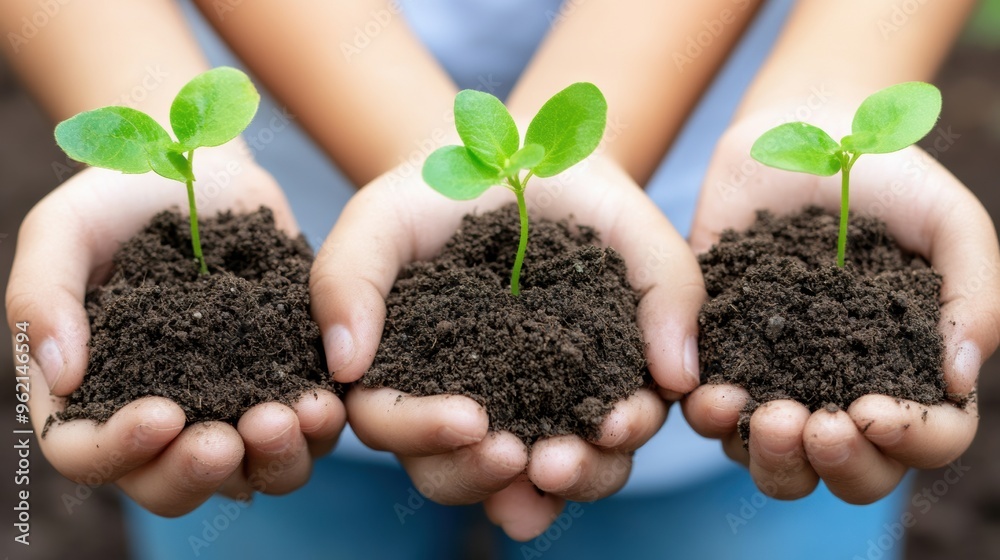 Sticker Three people holding soil and plants in their hands, AI