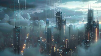 Futuristic cityscape powered by AI and cloud computing, with data streams flowing through the skyline.