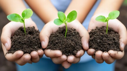 Three people holding soil and plants in their hands, AI