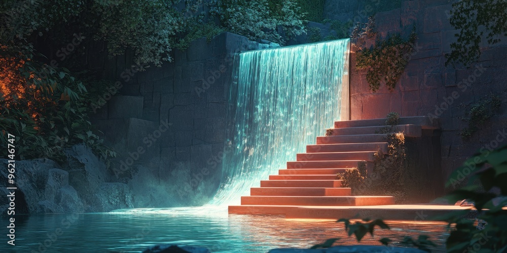 Sticker A Waterfall Cascades into a Still Pool with Steps Leading Up to a Wall