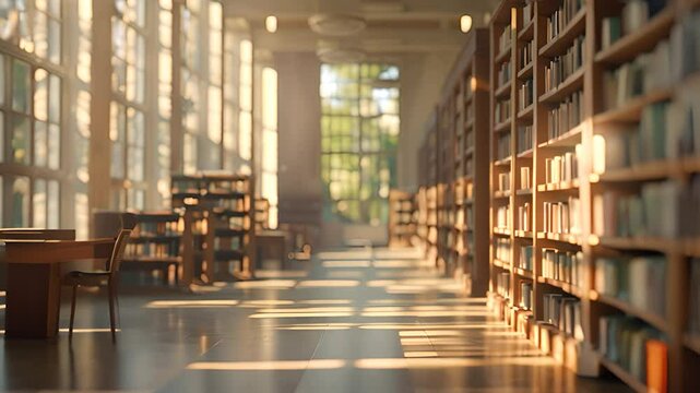 Sunlit library with tall shelves and study tables in soft focus, ideal for educational video backgrounds and slow motion scenes