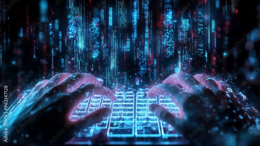 Poster Hands typing on glowing laptop with streams of binary code, representing coding and IT security.