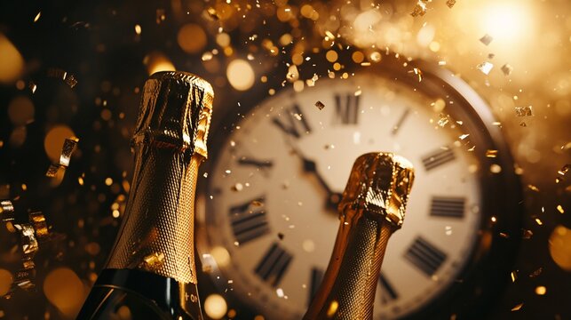 A luxurious New Year&rsquo;s Eve celebration, with champagne bottles popping, glittery confetti falling, and the countdown clock striking midnight