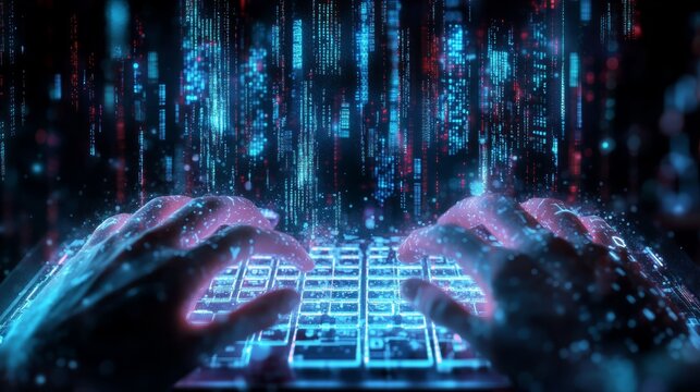Hands typing on glowing laptop with streams of binary code, representing coding and IT security.