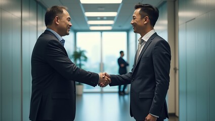Corporate Diversity Businessmen Shaking Hands in Office Corridor