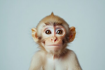 Curious baby monkey with big eyes on light background