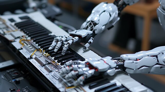Robotic hand interacts with a digital interface displaying data analytics and cloud computing icons.