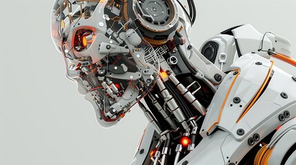 Fototapeta premium Robot body stands in front of a screen filled with complex algorithms and data charts.