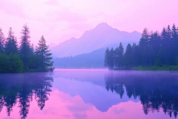 Fototapeta premium Serene mountain lake at dawn with misty