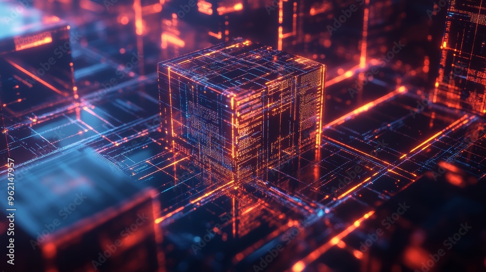 Poster Glowing data cube in a digital grid environment. Represents advanced technology and coding.