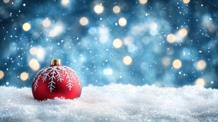 Festive red Christmas ornament resting on with twinkling lights