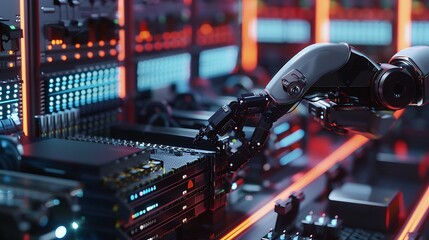 Robotic hand interacts with a digital interface displaying data analytics and cloud computing icons.