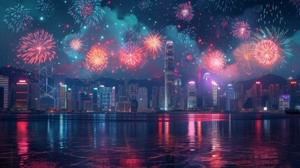 Naklejka premium A breathtaking view of a city skyline lit up by vibrant fireworks, reflecting beautifully on the water below. The scene captures the excitement and energy of a festive night in the city.