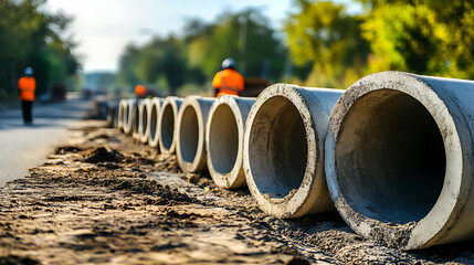 Concrete drainage pipes on the construction site of a new road.