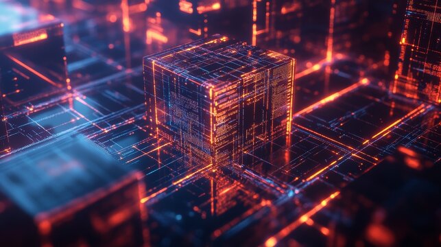 Glowing data cube in a digital grid environment. Represents advanced technology and coding.