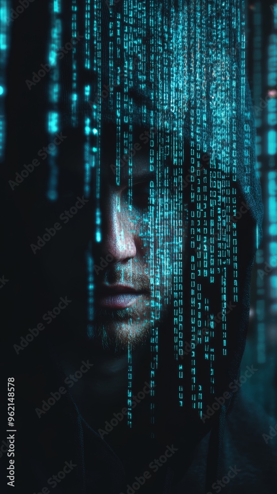 Aufkleber Hooded man with binary text projected on face, symbolizing hacking and online data breaches.
