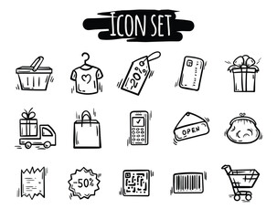 Simple vector set of black and white icons related to shopping, black friday, sales, stores, promotions and discounts. Signs and symbols for design, website, application