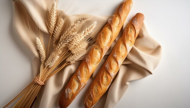 Baguettes de pain et &eacute;pis de bl&eacute;, sur fond clair