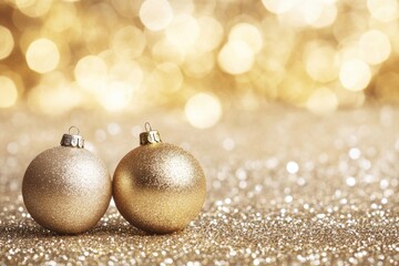 Golden Christmas baubles on sparkling background