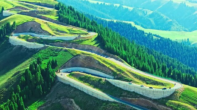 Aerial shot of roads and mountain scenery in Xinjiang, China