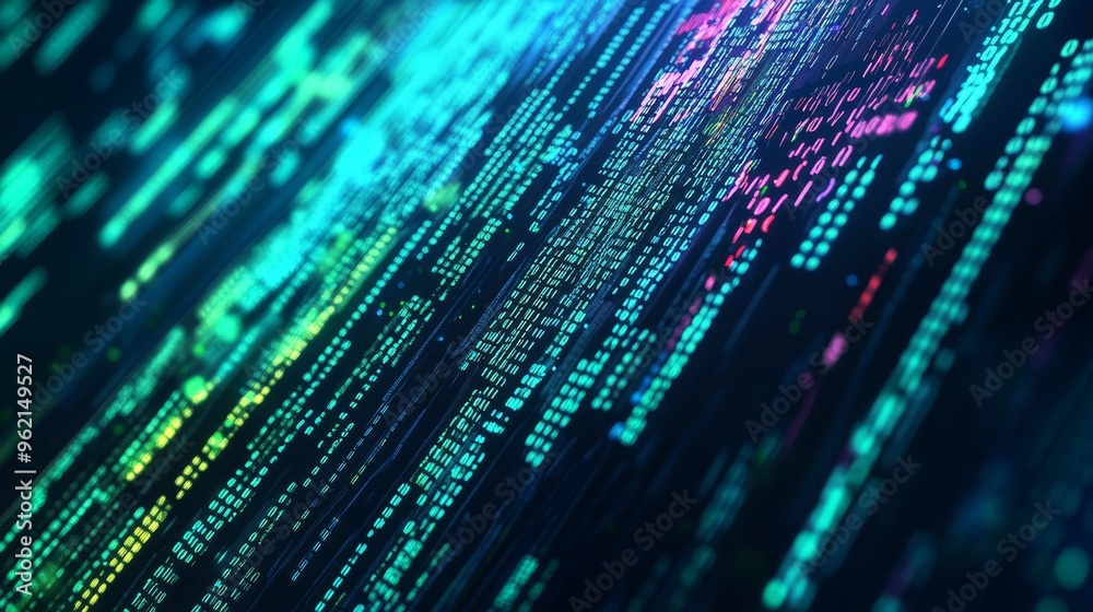 Poster Streams of digital data and code flowing across a bright, futuristic landscape. Concept for tech innovation.