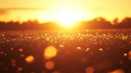 Golden hour sunlight dewy meadow