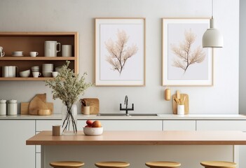 Fototapeta premium Kitchen scene with a framed mockup on the wall, highlighting sleek countertops and contemporary decor