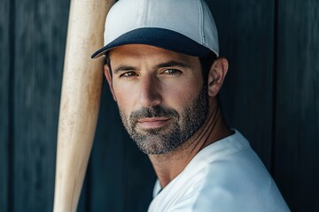 Confident baseball player holding bat, wearing cap