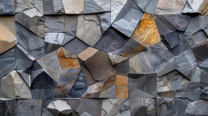 A close-up view of an intricate stone wall, showcasing unique textures and colors of natural stone materials.