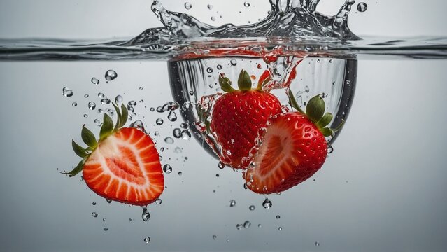 Close up of water splashing with sliced red strawberries dropped in and a simple background