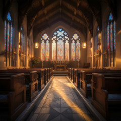 Fototapeta premium Sunlight Bathes the Sanctuary: A ray of light illuminates the aisle of a majestic church, leading towards a stained glass window that fills the space with a vibrant and ethereal glow. 