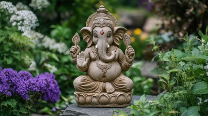 Obraz premium A Ganesha mandala art piece, with intricate circular patterns radiating from the deity, combining spirituality and symmetry in a meditative design