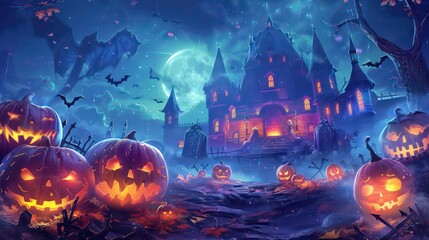 A spooky Halloween scene with a haunted house, pumpkins, bats, and a full moon.