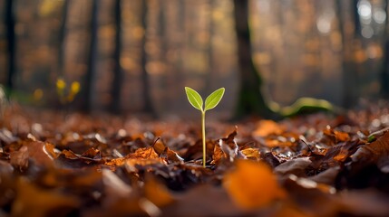 Green Sprout in the Autumn Forest, leafy, growth, nature, outdoors