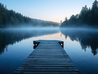 Serene Dawn on the Lake: Tranquil morning mist dances upon a glassy lake, inviting reflection from a weathered wooden dock. 