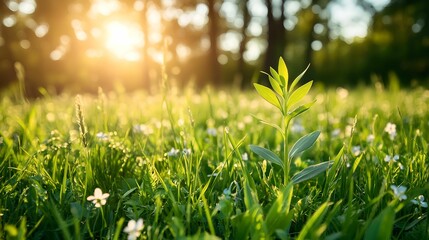 New Growth in a Green Meadow, plant,nature,field,growth,green,meadow,sunlight