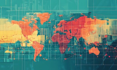 Obraz premium Abstract World Map with Grid and Digital Overlays